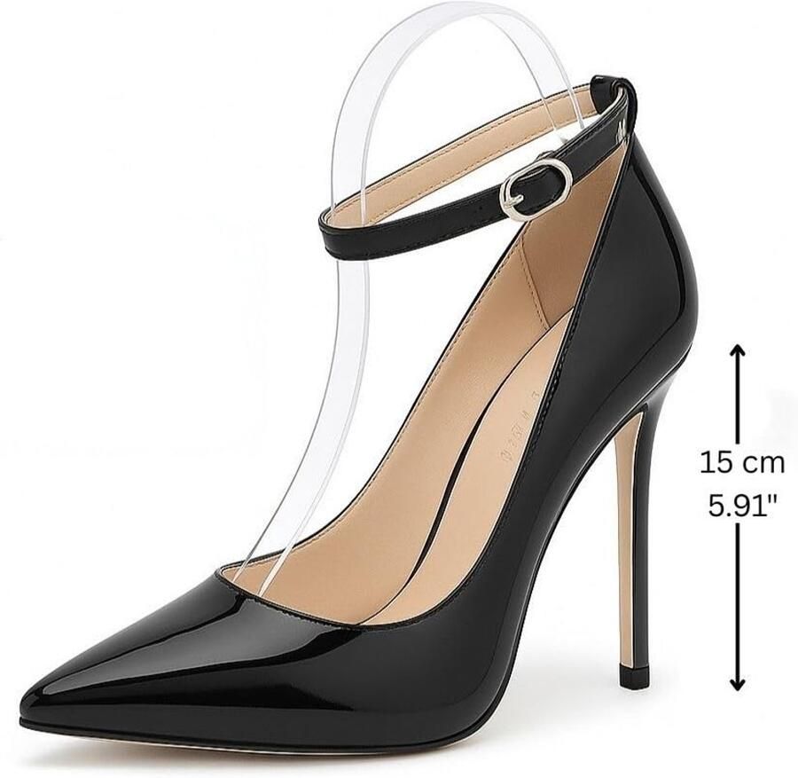 SnelShoppen Dames Pumps Hoge Naaldhak Verstelbare Enkelriem Glanzend Synthetisch Materiaal Zwart NL-45 Voor Feesten en Avondjes Uit