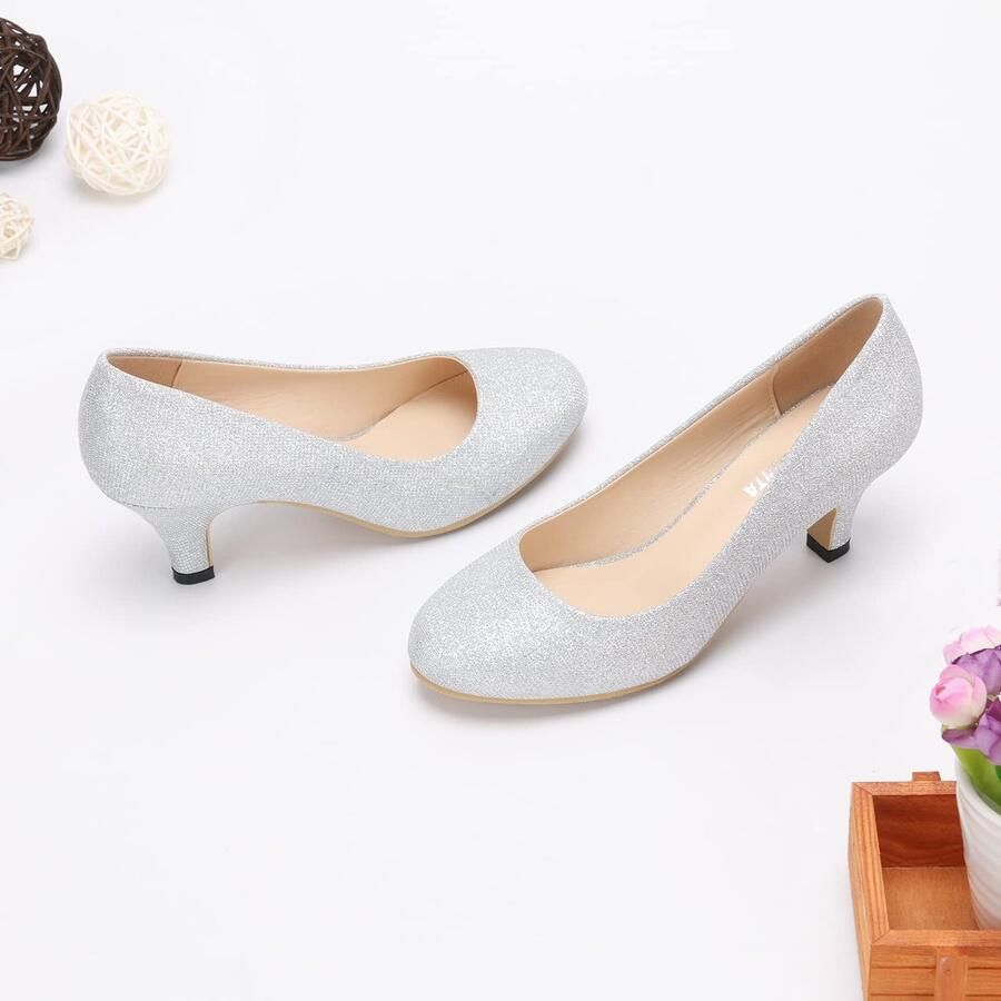 SnelShoppen Dames Pumps Kitten Heels Breed Bruiloft Werk Kantoor Trouwfeest Lage Hak Instapschoenen Glitter Zilver