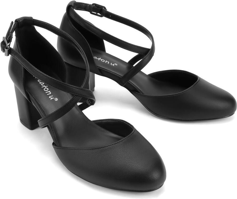 SnelShoppen Dames Pumps met Blokhak en Enkelbandje Hoge Hak met Kruisband Zwart Lakleer EU Perfect voor Bruiloften en Feestjes