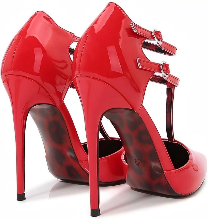 SnelShoppen Dames Pumps Spitse Neus Hoge Stiletto Hak Verstelbare Enkelbandjes Glans Fel Rood NL-44 Voor Feest Avond Casual