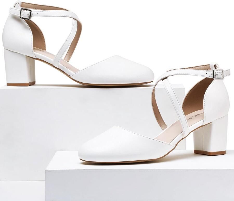 SnelShoppen Damespumps met Riempjes en Blokhak Glitter Sandalen met Gesloten Punt en Kruis Enkelriem Wit EU Perfect voor Bruiloften