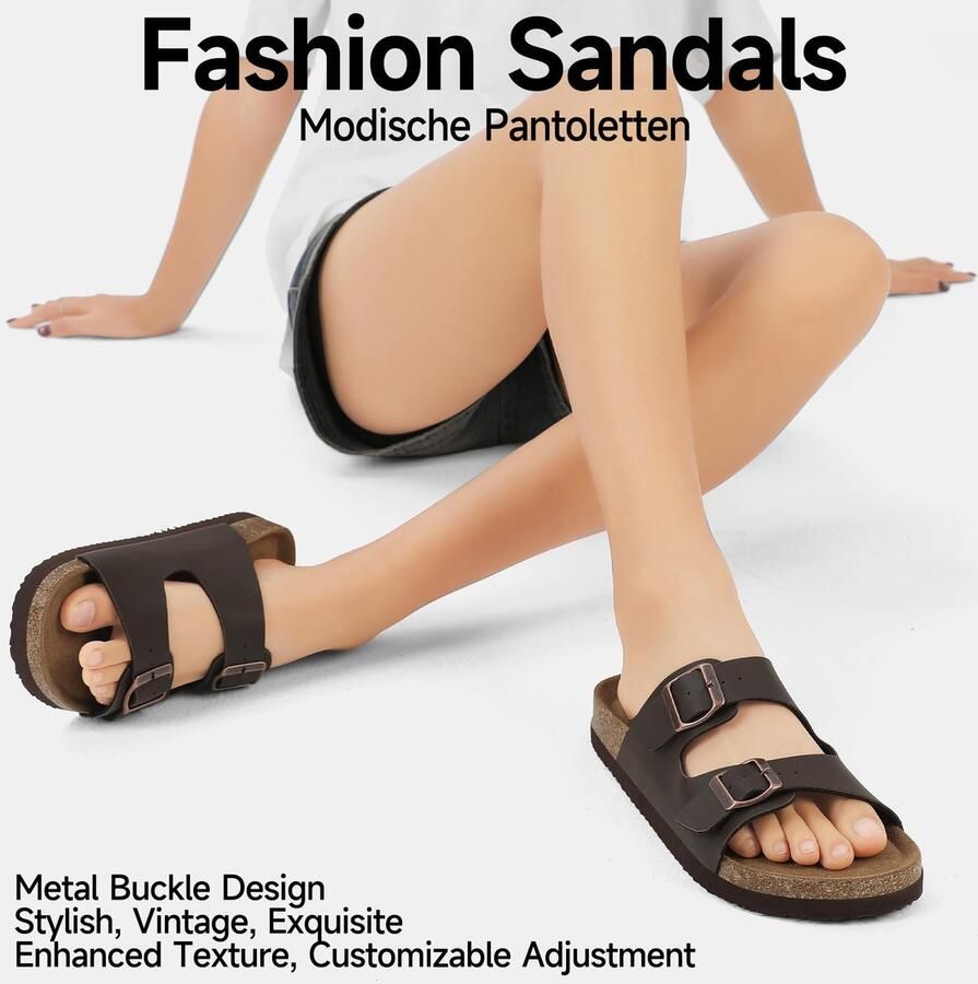 SnelShoppen Dames Sandalen Korkvoetbed Leer Slippers Bruin Mat 42EU voor Thuis Vakantie en Casual Gebruik
