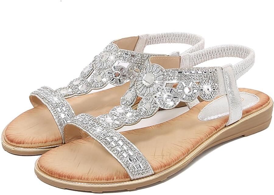 SnelShoppen Dames Sandalen Lage Wig Hak Bohemien Diamant Strass Slingback Platte Open Teen Schoenen Zomer Strand Vakantie Zilver