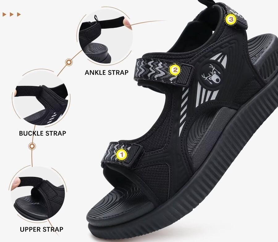 SnelShoppen Dames Sandalen Orthopedisch Wandelen Comfortabele Water Sandalen met Verstelbare Band Dik Athletisch Kussen Volledig Zwart Id