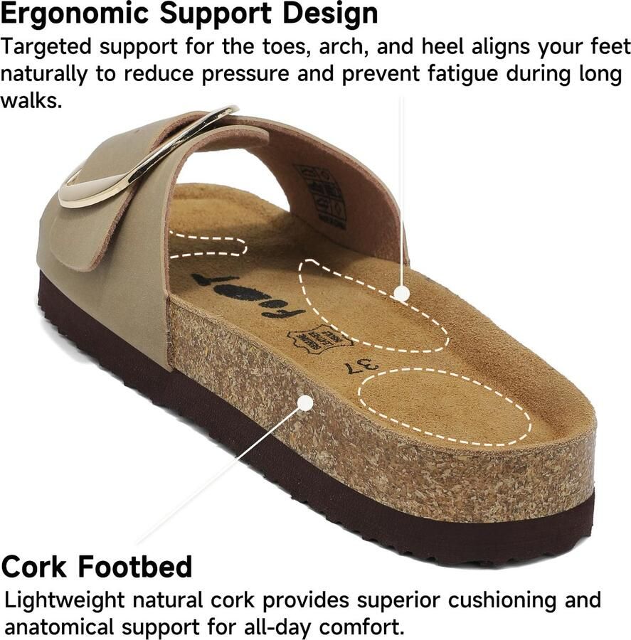 SnelShoppen Dames Sandalen Slippers Kurk Echt Leer Taupe 37 Comfortabele Zomer Sandaaltjes voor Vakantie Tuin en Dagelijks Gebruik