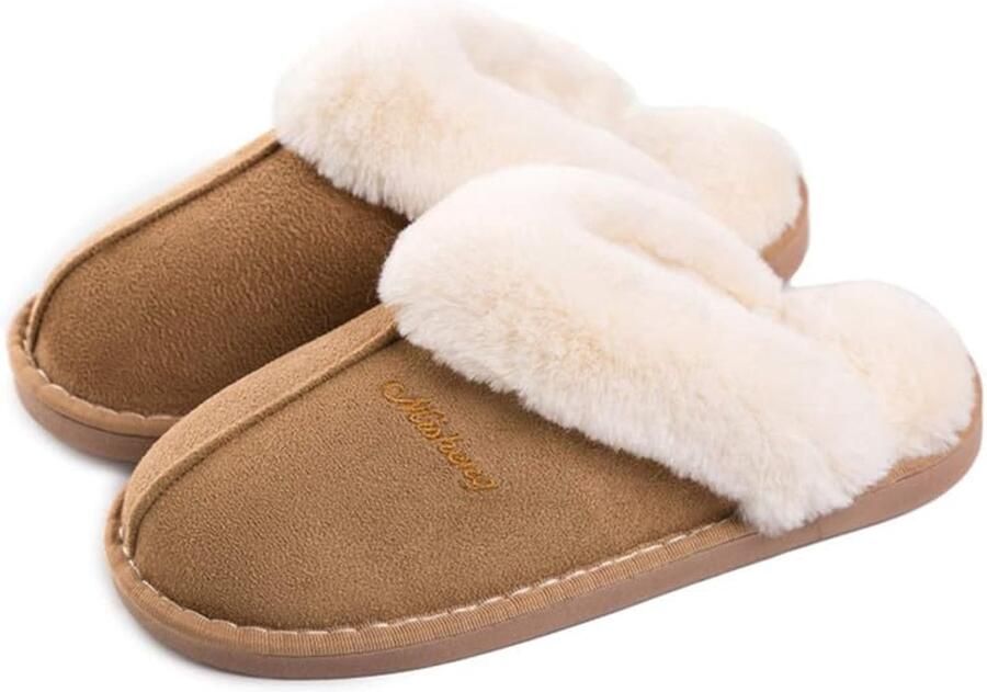 SnelShoppen Dames Slippers Warm Winter Slippers Nepbont Zacht Plat Pluche Pantoffels Antislip voor Indoor Outdoor Lichtbruin 38.5 40