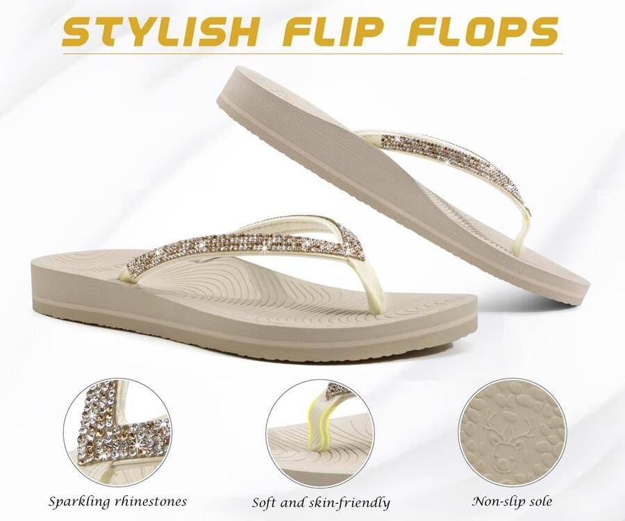 SnelShoppen Dames Strass Teenslippers met Comfortabele Voetboog Steuning Yogamat Kussen Sandalen Mode Zomer Strand Reizen Orthopedische Instap