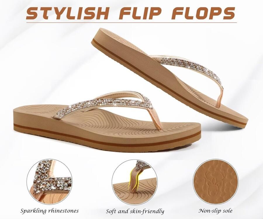 SnelShoppen Dames Strass Teenslippers met Comfortabele Voetboog Steuning Yogamat Kussen Sandalen Mode Zomer Strand Reizen Orthopedische Instap