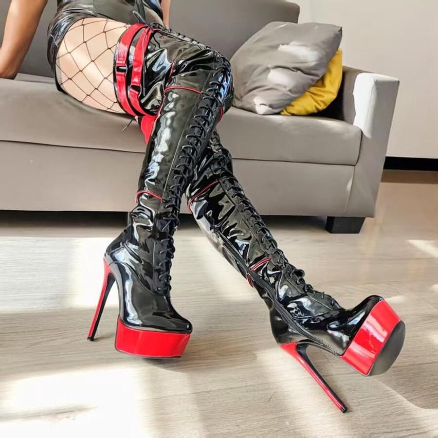 SnelShoppen Dameslaarzen Plateau Stiletto Overknie Veterlaarzen Hoge Hakken Laarzen met Riem Zwartrood EU voor Feest en Avondkleding
