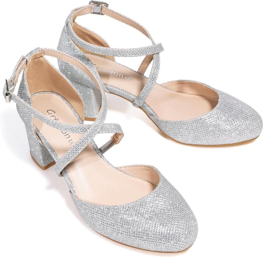 SnelShoppen Damespumps Sandalen met Kruis Enkelriem Blokhak Gesloten Punt Glitter Pumps Zilver 38 EU Perfect voor Bruiloften en Feesten