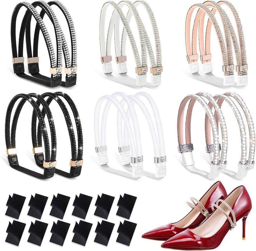 SnelShoppen Elastic Hoge Hakken Schoenbandjes 6 Paar Antislip Veters voor Hakken Verwijderbare Strass Veters voor Hoge Hakken Sandalen en Slippers