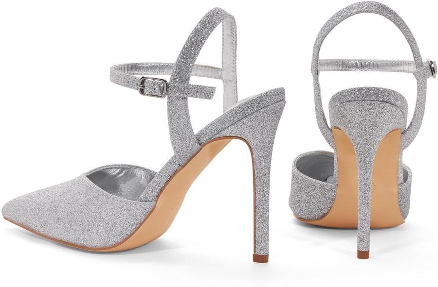 SnelShoppen Elegante 4 inch Stiletto Hoge Hakken Sexy Puntige Neus Jurkschoenen met Enkelband voor Dames Zilver Glitter EU Perfect