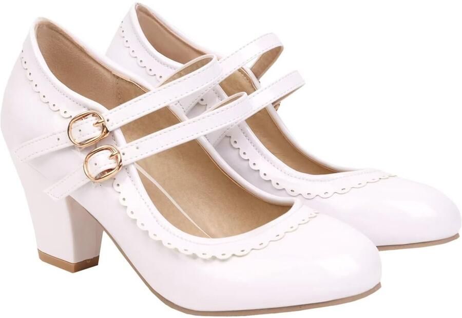 SnelShoppen Elegante Dames Lak Mary Jane Pumps met Blokhak Hoge Hakken Kant Wit EU voor Feest en Speciale Gelegenheden