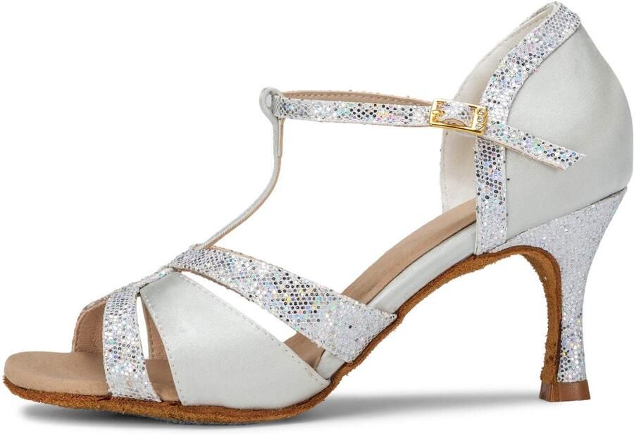SnelShoppen Elegante Latin Dames Sandalen met Uitlopende Hak in Sprankelend Glitter Supersatijn Kleur Zilver EU voor Feest en Dans