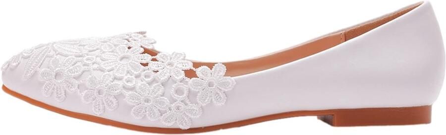 SnelShoppen Elegante Spitse Teen Bloem Kantafwerking Bruidschoenen Pumps met Parels voor Dames Zachte Zool Ballerina's in Wit Kant EU P