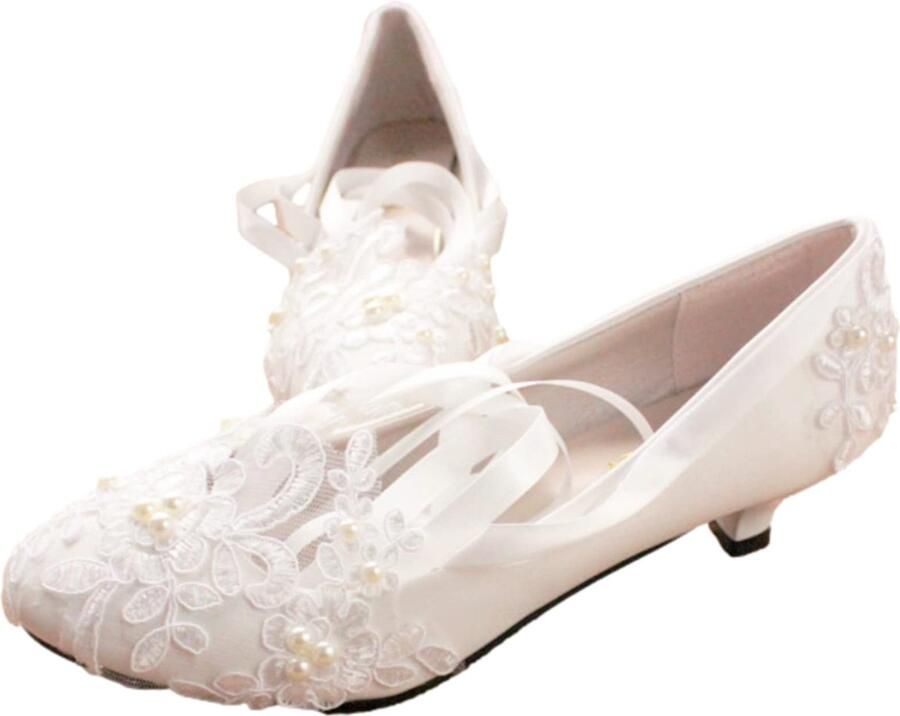 SnelShoppen Elegante Witte Bruiloft Schoenen voor Vrouwen met Kant Borduurwerk en Parels Flat Hakken Hak EU Perfect voor Feestelijke