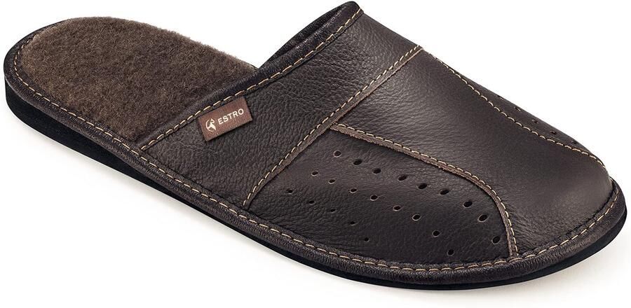 SnelShoppen ESTRO Pantoffels Heren Huisschoenen Leer Winter Instappantoffels Bruin Comfortabele Herenslippers voor Thuisgebruik