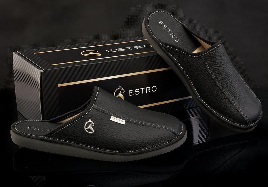 SnelShoppen ESTRO Pantoffels Heren Instappantoffels Huisschoenen Leer met Memory Foam Traagschuim FROST 46 Onyx Voor Thuis en Comfort