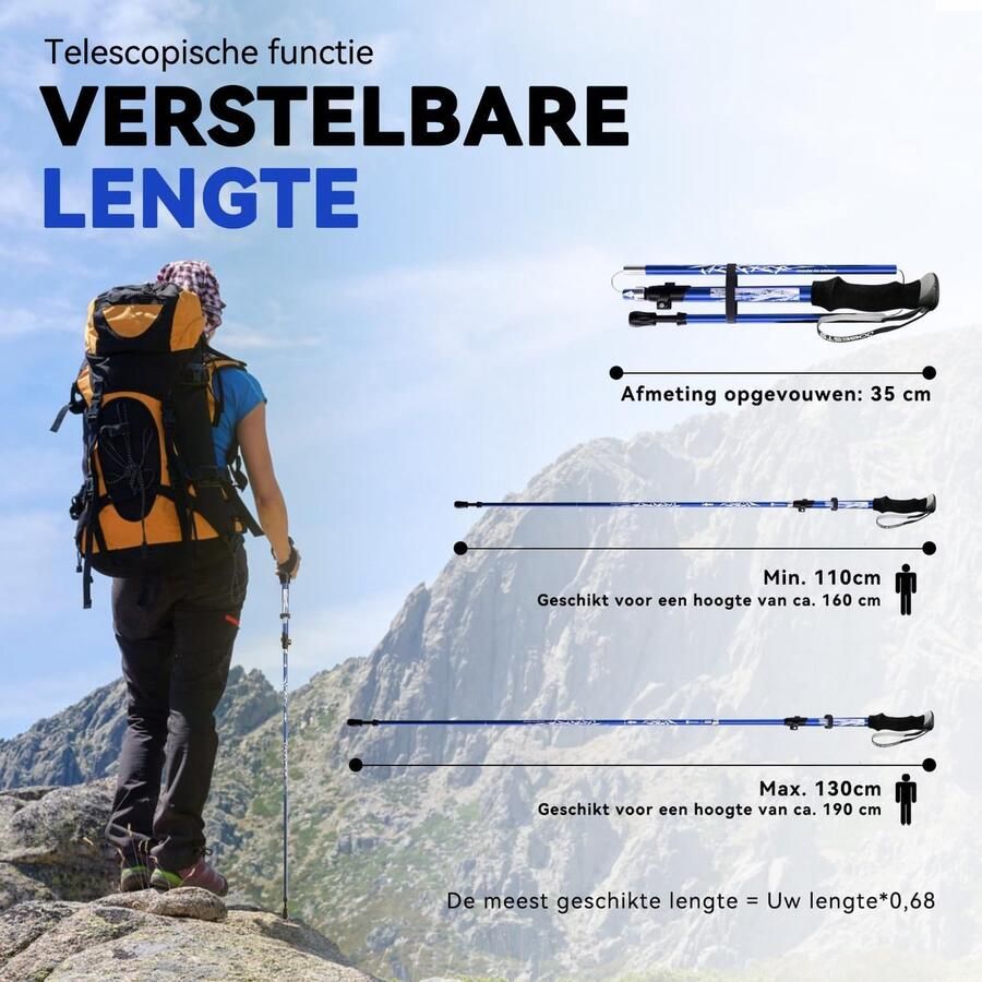 SnelShoppen Faltbare Aluminium Wanderstokken 110- Lichtgewicht Verstelbare Wandelschoenen met Gummipuffers en Tragebeutel voor Hiking Trekk