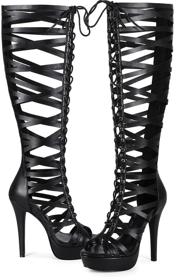 SnelShoppen Feinlina Dameslaarzen met Hoge Hakken Zwart Geregen Uitgesneden Open Teen Stiletto Feest en Bruiloft