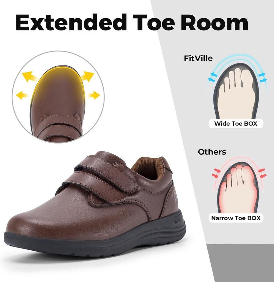 SnelShoppen FitVille Diabetische Damesschoenen Extra Breed Leren Slippers Orthopedische Schoenen met Klittenband voor Gezwollen Voeten in Kastanje