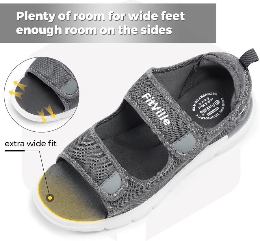 SnelShoppen FitVille Diabetische Sandalen Heren Orthopedische Schoenen met Velcro Verstelbare Bandjes Stalen Grijs EU Breed voor Comfort e