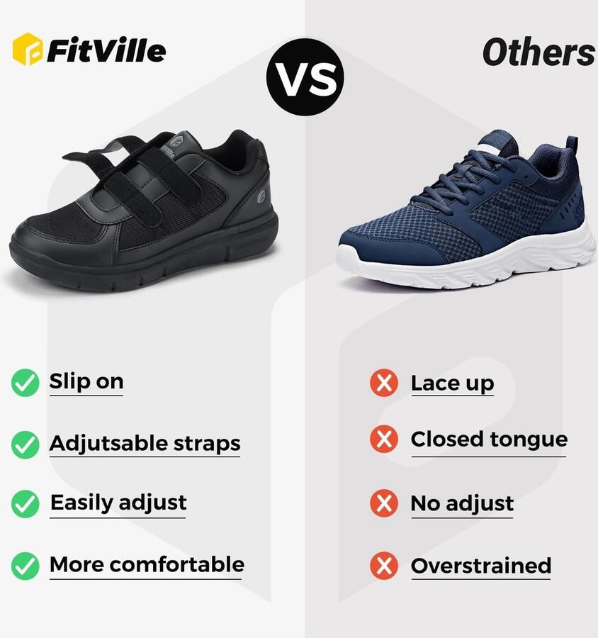SnelShoppen FitVille Extra Brede Wandelschoenen voor Mannen Diabetische Klittenbandschoenen voor Gezwollen Voeten Zwart 46 EU x_breed Comfortabel