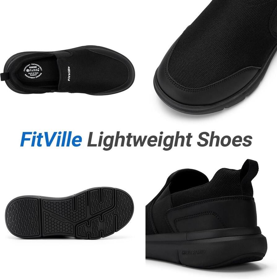 SnelShoppen Fitville Slip On Sneaker Heren Extra Breed Trainers Antislip Wandelschoenen Lichtgewicht Casual Schoenen Diep Zwart