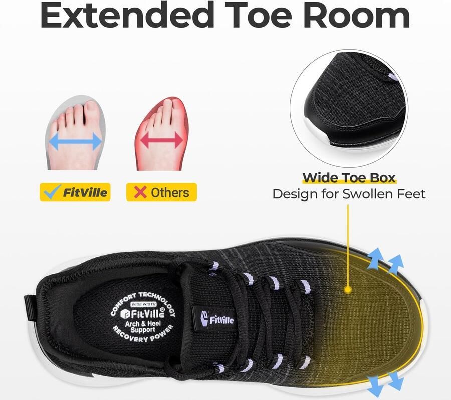 SnelShoppen FitVille Wandelschoenen Extra Brede Dames Lichtgewicht Joggingschoenen Instap Sneakers Comfortabele Fitness Ademende Vrijetijdsschoenen