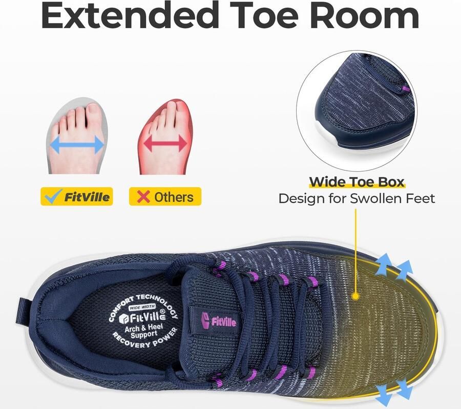 SnelShoppen FitVille Wandelschoenen Extra Brede Dames Lichtgewicht Joggingschoenen Comfortabele Instap Sneakers Ademende Vrijetijdsschoenen Blauw