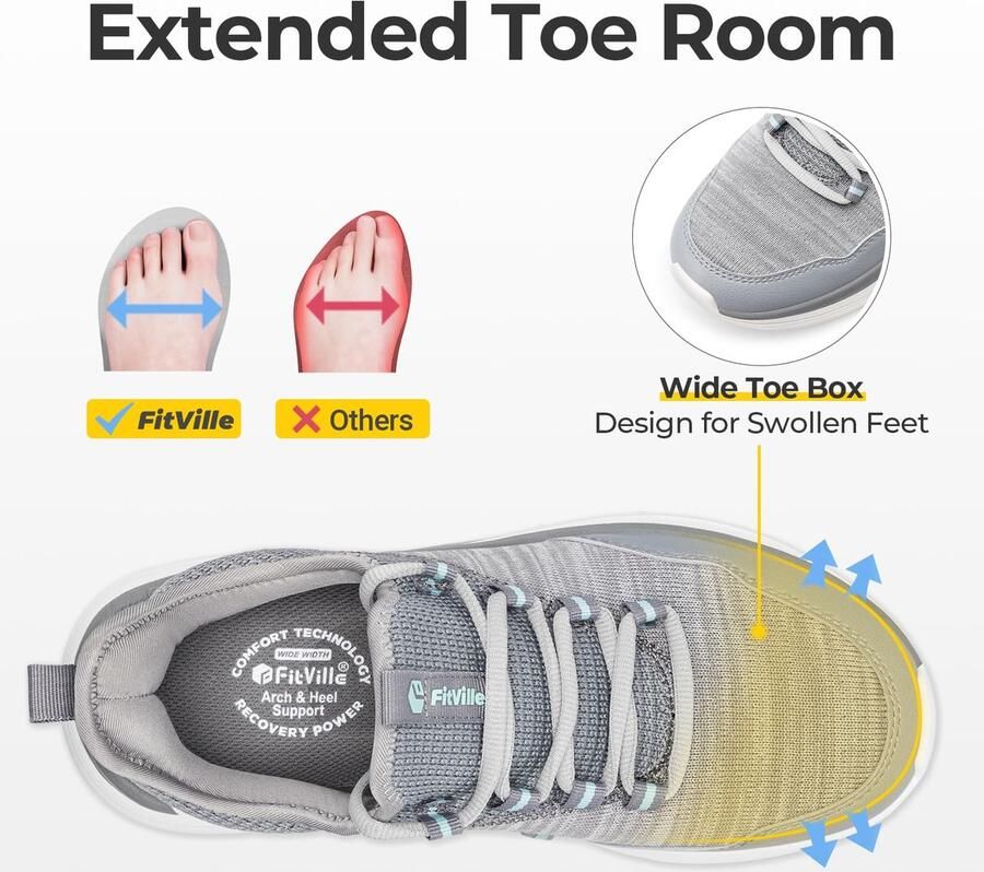 SnelShoppen FitVille Wandelschoenen Extra Brede Dames Lichtgewicht Joggingschoenen Instap Sneakers Comfortabele Fitness Ademende Vrijetijdsschoenen