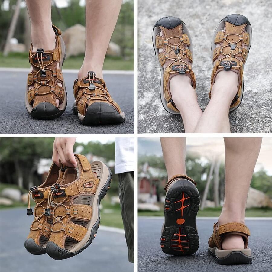 SnelShoppen FLARUT Sandalen voor Heren Outdoorsandalen Trekkingsandalen Leer Wandelsandalen Sportsandalen Lichtbruin EU Perfec