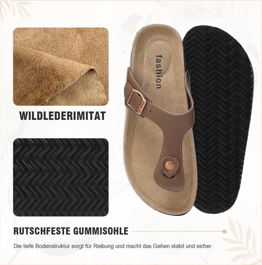 SnelShoppen Foinledr Dames Teenslippers met Kurken Voetbed Comfortabele Antislip Sandalen met Verstelbare Gesp Zomerslippers in Bruin