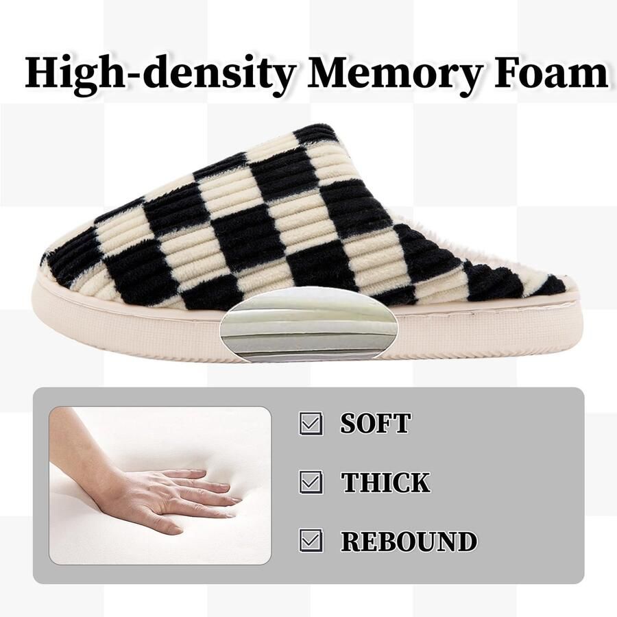 SnelShoppen Fuzzy Geheugenschuim Sloffen en Geruite Pantoffels met Slip-on Design Anti-Skid Zool Zwart voor Binnen en Bui