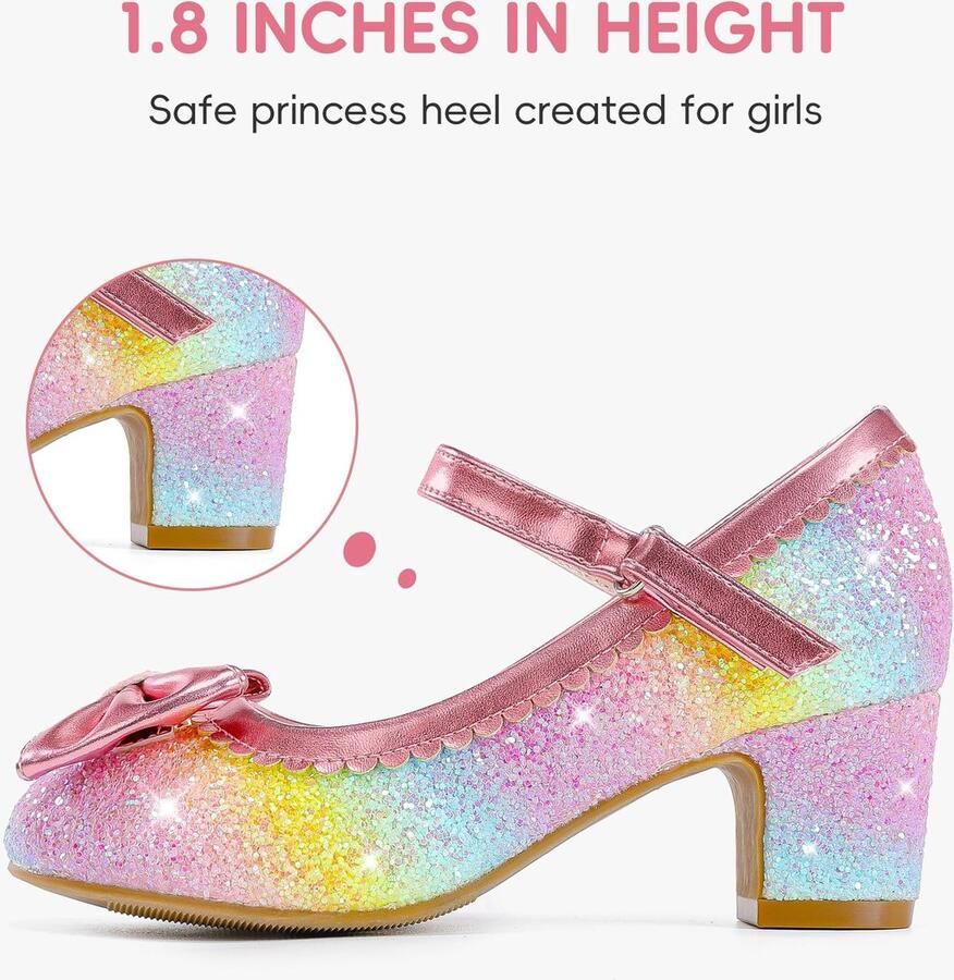 SnelShoppen Hakken Schoenen Kinder Prinses Schoenen Meisjes Regenboog High Heels Mary Jane Pompen met Bandjes Strik Glitter Feestelijke Schoen