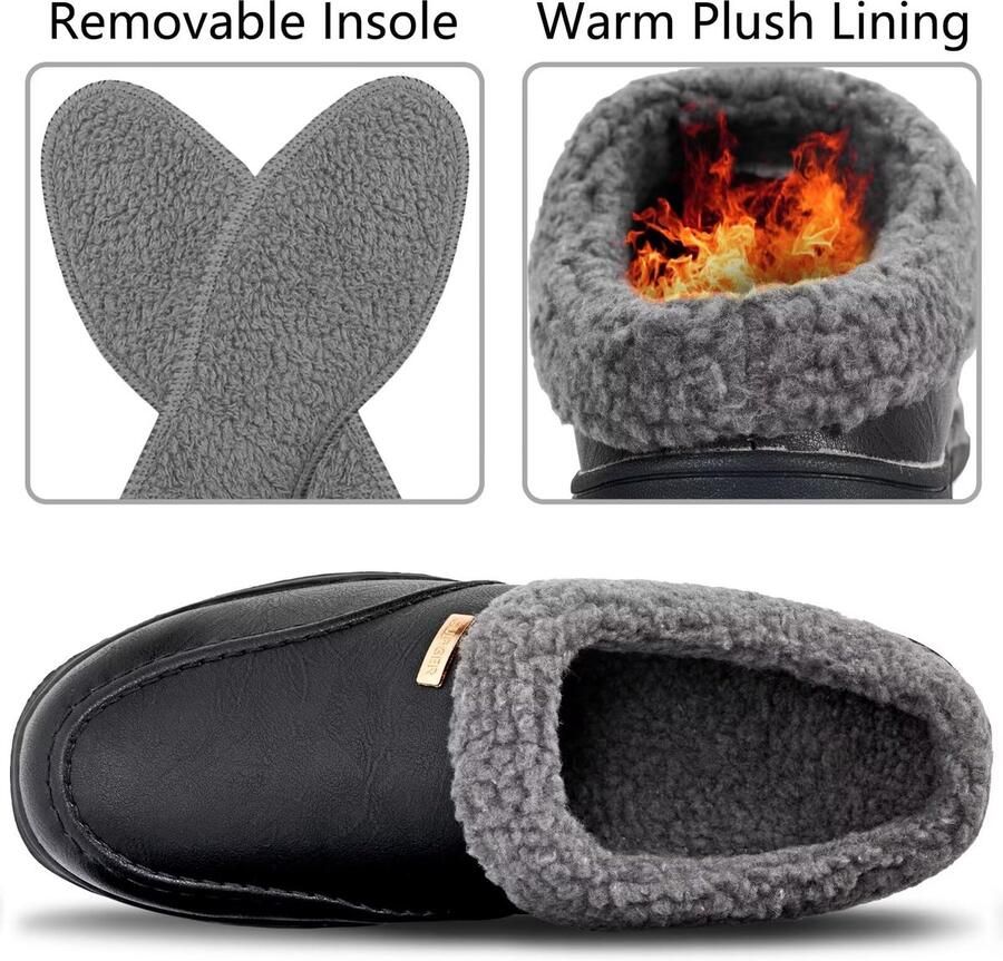 SnelShoppen Heren Leer Pantoffels Winter Warme Huissloffen Leren Sloffen Antislip Klompen & Muilen Zwart voor Thuis