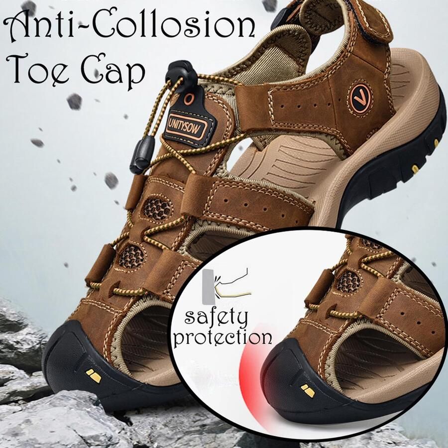 SnelShoppen Heren Sandalen Zomer Antislip Sport Wandelen Trekking Casual Leren Gesloten Teen Strand Sandalen Blauw