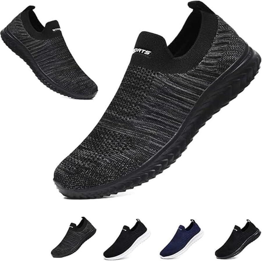 SnelShoppen Heren Slip on Trainers Atletische Loopschoenen Lichtgewicht Sneakers Wandelen Tennis Schoenen Zwart Grijs 43.5