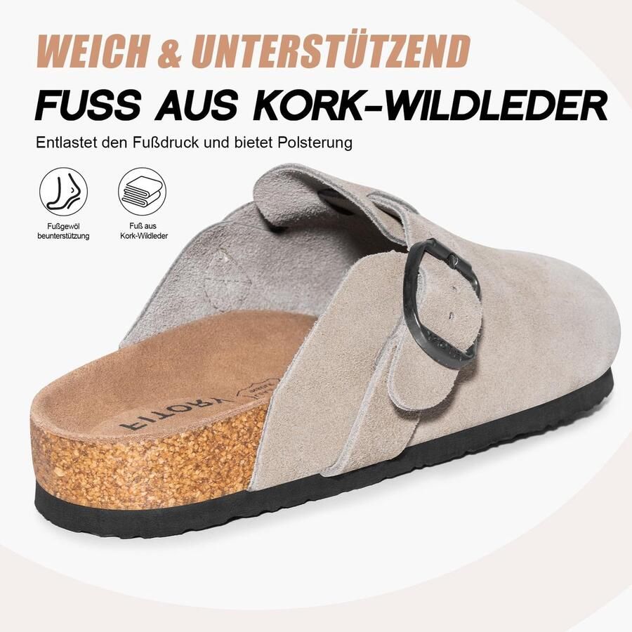 SnelShoppen Herenclogs van wildleder comfortabele pantoffels met voetgewelfsteun gesloten slippers met kurkvoetbed lederen taupe pe