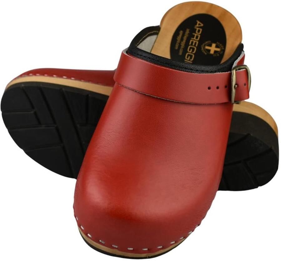 SnelShoppen Houten klompen dames ergonomische leren clogs praktische tuinklompen rood ideaal voor tuin keuken en vrije tijd