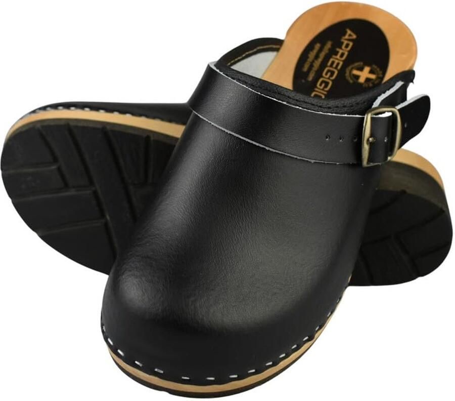 SnelShoppen Houten klompen voor dames ergonomische leren clogs praktische tuinklompen zwart ideaal voor tuinwerk en dagelijks gebrui