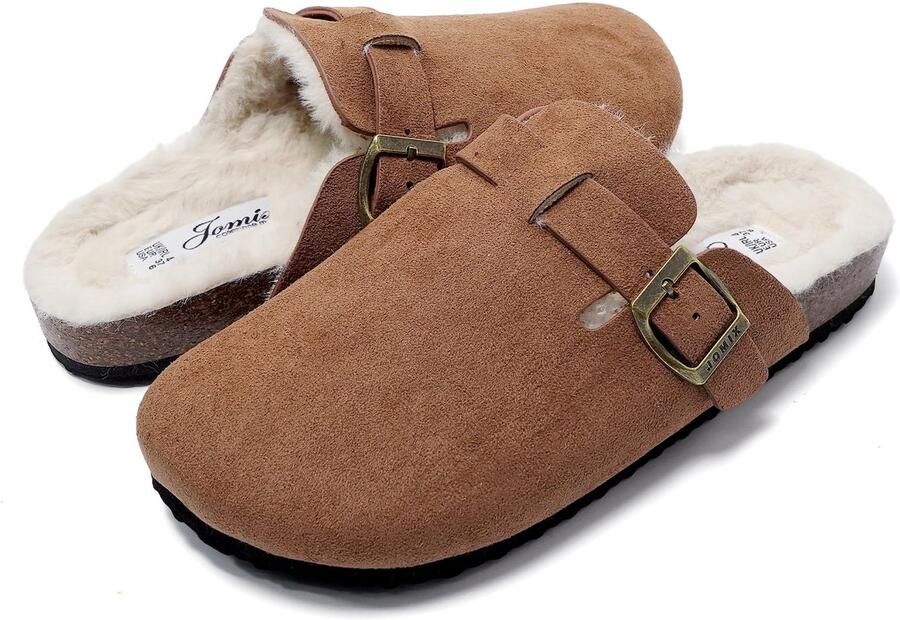 SnelShoppen JOMIX Muiltjes Dames met Gesp Warme Pluche Pantoffels met Antislip Kurken Zool Klompen Tuinschoenen Elegant Winterslippers voor Bu