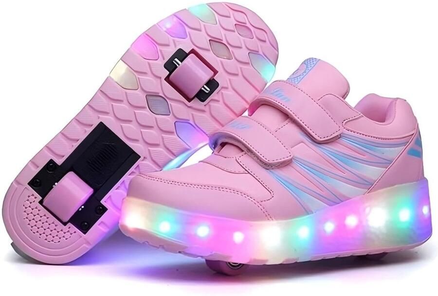 SnelShoppen Kinderschoenen met Wieltjes LED Verlichting Oplaadbare Sneakers met USB Dubbel Wiel Roze EU voor Outdoor en Skateboarden