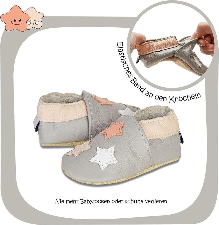 SnelShoppen Kruipschoenen Baby Slofjes Eerste Babyschoentjes Zacht Leer met Elastische Band voor en Lichtgrijze Sterren (18-24 maa