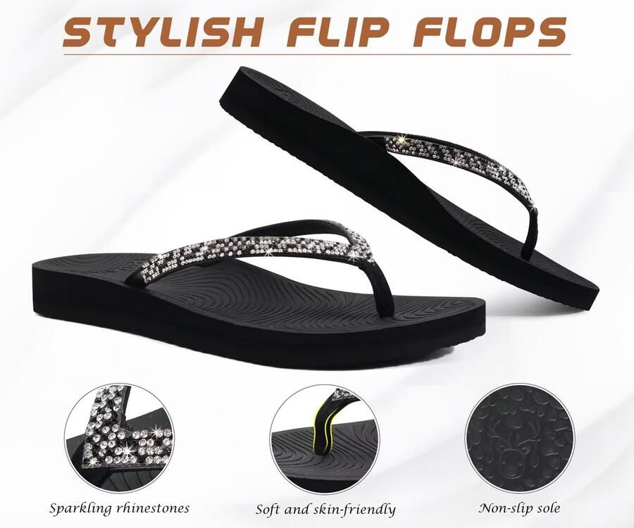 SnelShoppen KuaiLu Dames Strass Teenslippers met Voetboog Steuning Comfortabele Yogamat Kussen Sandalen Mode Zomer Strand Reizen Orthopedische