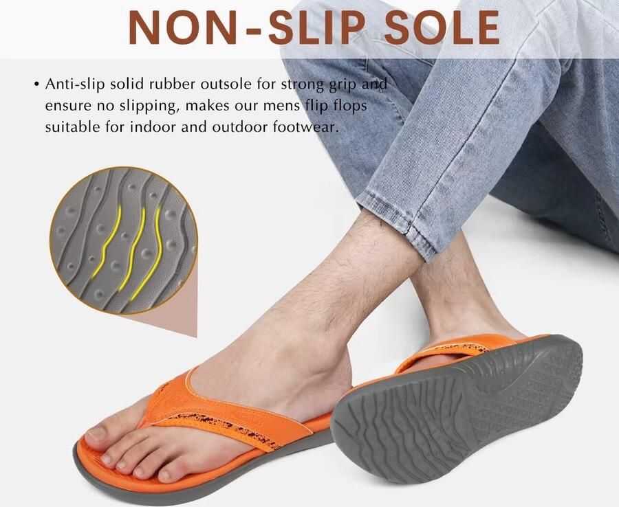SnelShoppen KuaiLu Mannen Flip Flops Sport Thong Sandalen met Comfortabele Plantar Fasciitis Ondersteuning Oranje Grijs voor Strand en Zwem