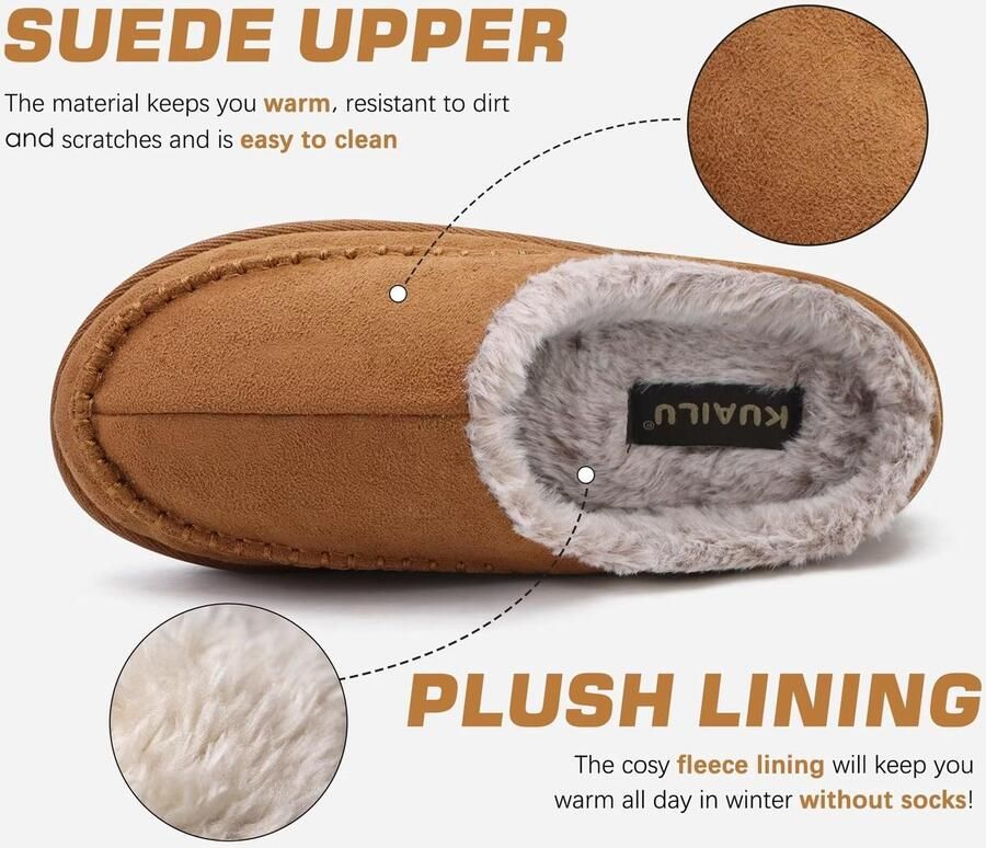 SnelShoppen KuaiLu Pantoffels voor Heren Comfortabele Memory-Schuim Klompen met Pluche Voering Handgemaakte SuèDe Instapschoenen in Khaki