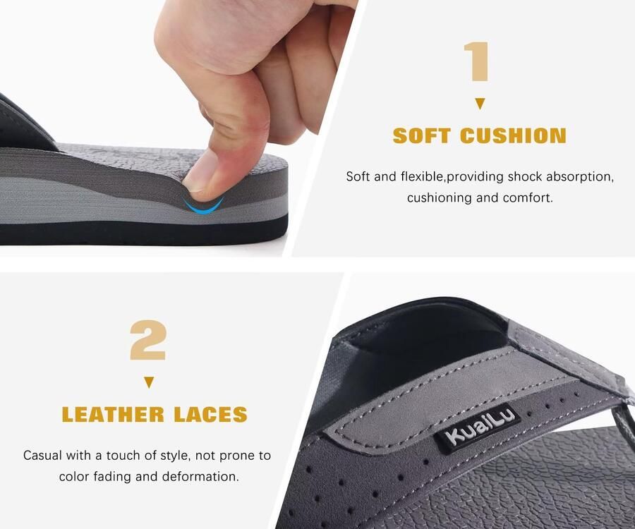 SnelShoppen KuaiLu Teenslippers Heren Zachte Leren Badingsandalen voor Mannen Comfortabele Brede Voeten Antislip Zomer Strand Slippers Grijs