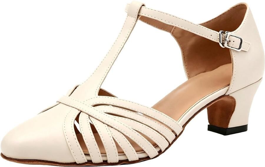 SnelShoppen Latijns-Amerikaanse Dansschoenen Dames Salsa en Bachata Gesloten Glad Beige Hak EU Perfect voor Feesten en Dansless