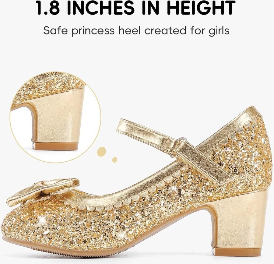 SnelShoppen LAURMOSA Bandjespompen met Strik Prinses Schoenen Meisjes 33 Hakken Goud Glitzerschoenen voor Feest en Bruiloft
